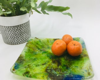 Unique Fused Glass Square Platter Pot Melt Green or Blue Pink Fruit Bowl