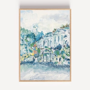 May include: An impressionistic painting of a classical building with columns, surrounded by lush greenery. The artwork features a palette of blues, greens, and whites, with a light wooden frame. The style evokes a sense of tranquility and elegance.