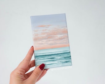 Original Acrylic Painting on Small Canvas | Seascape Painting on Mini Canvas | Pastel Pink Sunset and Ocean Wall Art | Cute Desk Decor