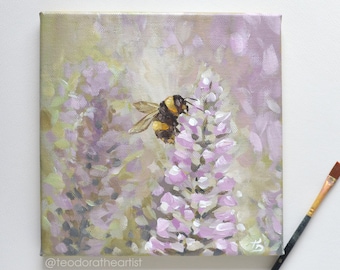 Original Acrylic Painting on Small Canvas - Bumble bee Art | Nature Wall Art | Floral Painting | Aesthetic Room Decor | Gift for her