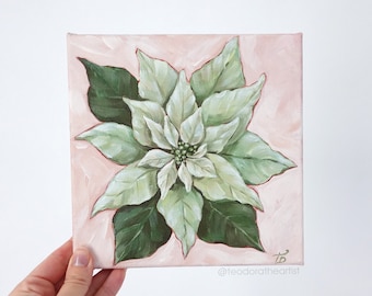 Original Acrylic Painting on Small Canvas of Poinsettia Flower | Pink Christmas Wall Art Decor | Floral Wall Art 8x8in