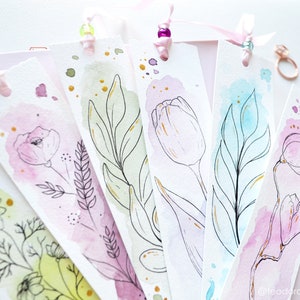 Floral Handmade Watercolor Bookmarks with Botanical Line Art, Book Lover Christmas Gift