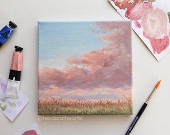 Original Landscape Painting on Small Canvas | Pink Clouds Wall Art Aesthetic Decor | Acrylic Painting 8x8in