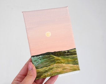 Original Acrylic Painting on Small Canvas | Pastel Landscape Painting on Mini Canvas | Pink Sunset and Moon Wall Art | Countryside Painting