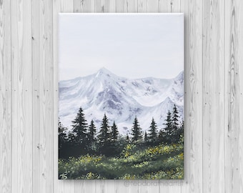 Acrylic Painting on Canvas | Small Canvas Art | Snowy Mountain & Pine Trees Winter Landscape  | Forest Painting | Aesthetic Room Decor