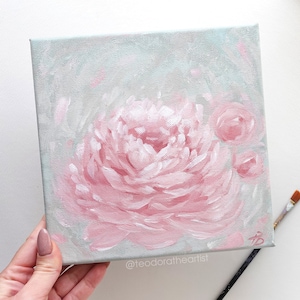 Original Acrylic Painting on Small Canvas Peony Flowers | Floral Wall Art | Aesthetic Boho Home Decor | Pink Flower Wall Art 8x8in