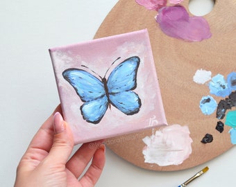 Mini Canvas Painting Blue Butterfly | Pink Acrylic Painting on Mini Canvas | Botanical Wall Art | Butterfly Desk Decor | Dopamine Decor