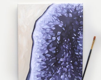 Amethyst Crystal Geode Original Acrylic Painting on Canvas | Crystal Wall Art Bohemian Wall Decor | Amethyst Wall Art