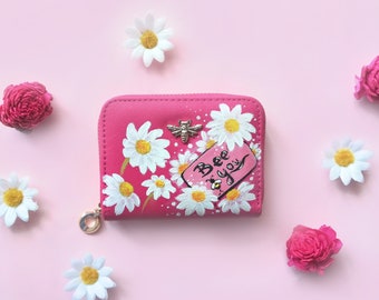 Hand painted Hot Pink Womens Wallet -Original Art - Daisy flowers and gold bee - Handmade Purse- Custom Coin Purse - Faux Leather