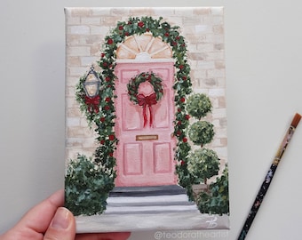 Mini Pink Christmas Painting | Original Artwork on Small Canvas | London Door And Christmas Wreath Acrylic Painting | Pink Christmas Decor