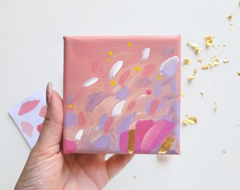 Mini Abstract Painting with Gold Leaf, Pink Desk Decor, Mini Canvas Art, Aesthetic Room Decor, Boho Home Decor, Acrylic Painting on Canvas