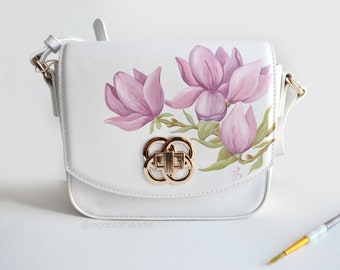 Hand Painted White Faux Leather Purse | Handbag with floral pattern - Pink Magnolia Flowers | Original Art