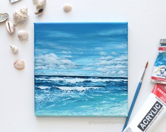 Original Acrylic Painting on Canvas- Ocean Decor- Mini Landscape Painting 8x8 in - original artwork - Greece wall art - blue art