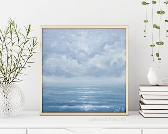 Original Seascape Acrylic Painting on Canvas | Ocean and Clouds | Beach House Wall Art | Nautical Decor | Light Blue Coastal Wall Art
