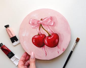 Original Artwork Cherries with Pink Bow | Acrylic Painting on Small Round Canvas | Coquette Cherry Wall Art | Cute Cherry Dopamine Decor