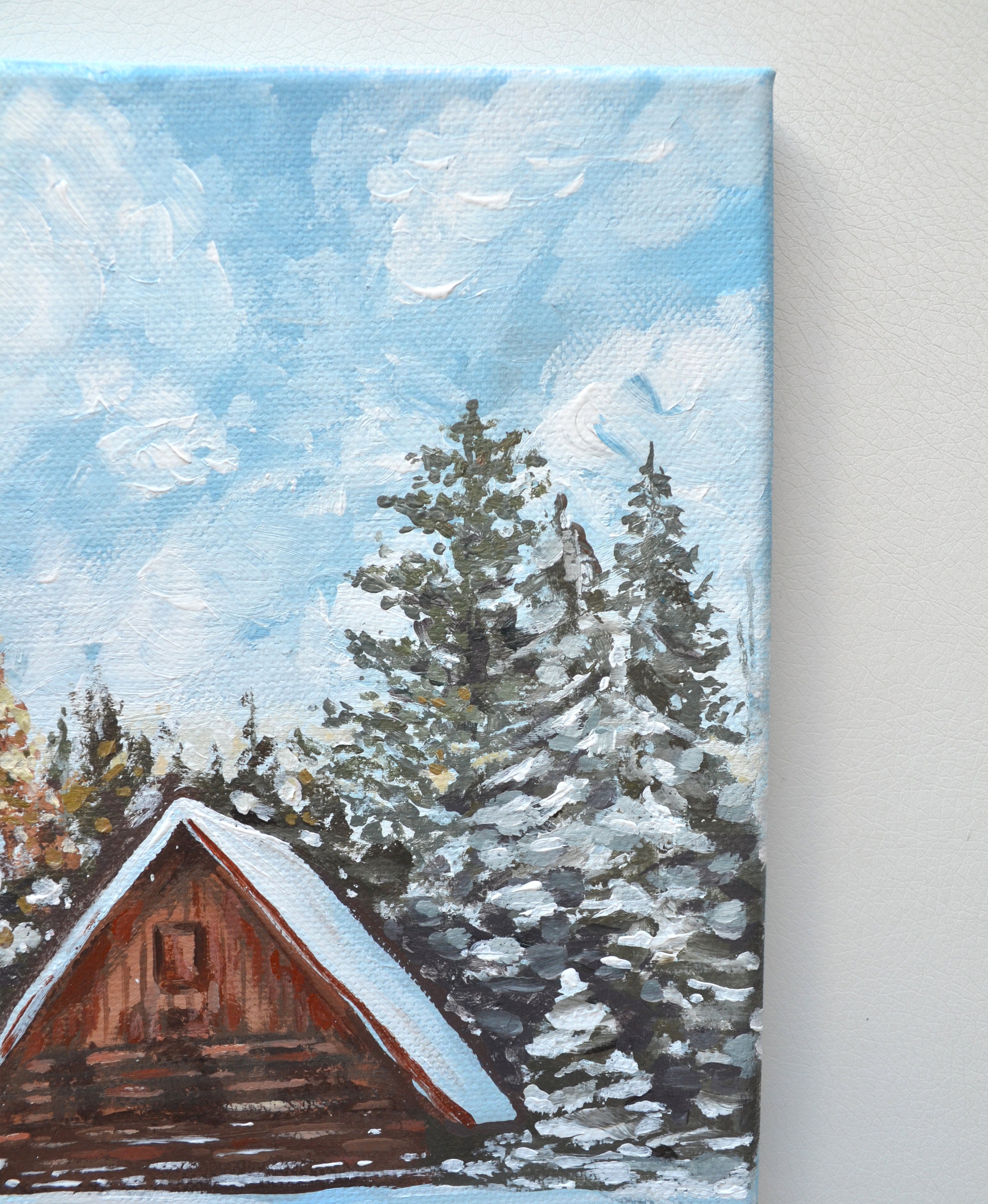Winter Cabin Original Acrylic Painting on Small Canvas Snowy Mountain ...