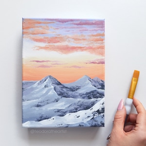 Small Canvas Artwork | Original Acrylic Painting on Canvas- Snowy Mountain Winter Landscape | Aesthetic Room Decor