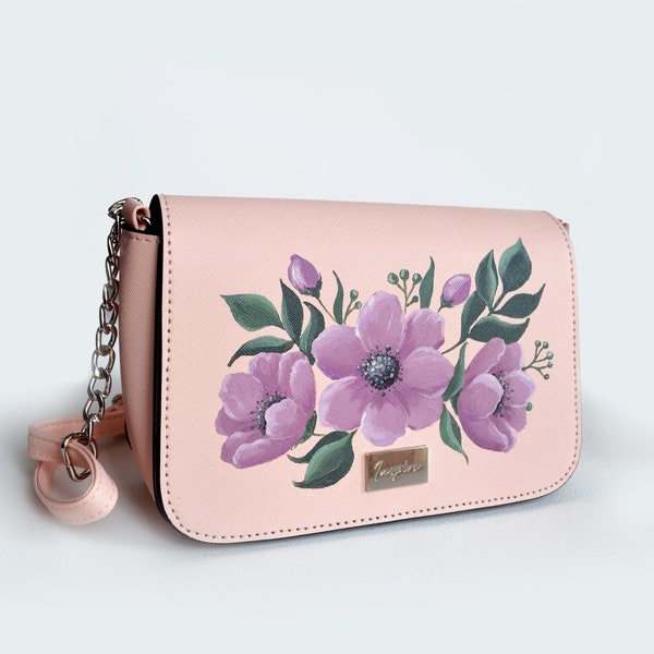 Sac peint à la main - Sac à bandoulière rose - Fleurs de pavot violet - sacs à main faits à la main - Art original - Art portable - Sac avec motif floral