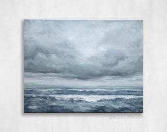 Original Seascape Acrylic Painting on Canvas | Ocean and Clouds Large Painting | Beach House Wall Art | Nautical Decor | Waves Artwork