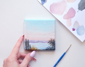Mini Canvas Painting &#39;Pink Sunset in Greece&#39; | Acrylic Painting on Canvas Seascape | Original Art