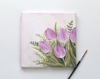 Pintura acrílica original Flores de tulipán / Pintura floral Tulip Wall Art / Flores de primavera Arte de lienzo pequeño / Regalo del Día de la Madre / Regalo para ella