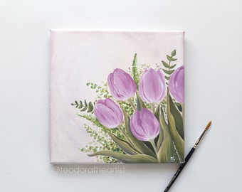 Original Acrylic Painting Tulip Flowers | Floral Painting Tulip Wall Art | Spring Flowers Small Canvas Art | Mothers Day Gift / Gift For Her