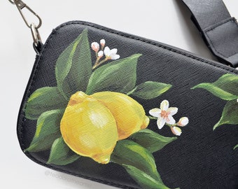 Black Hand Painted Faux Leather Purse Lemons Original Art Crossbody Bag