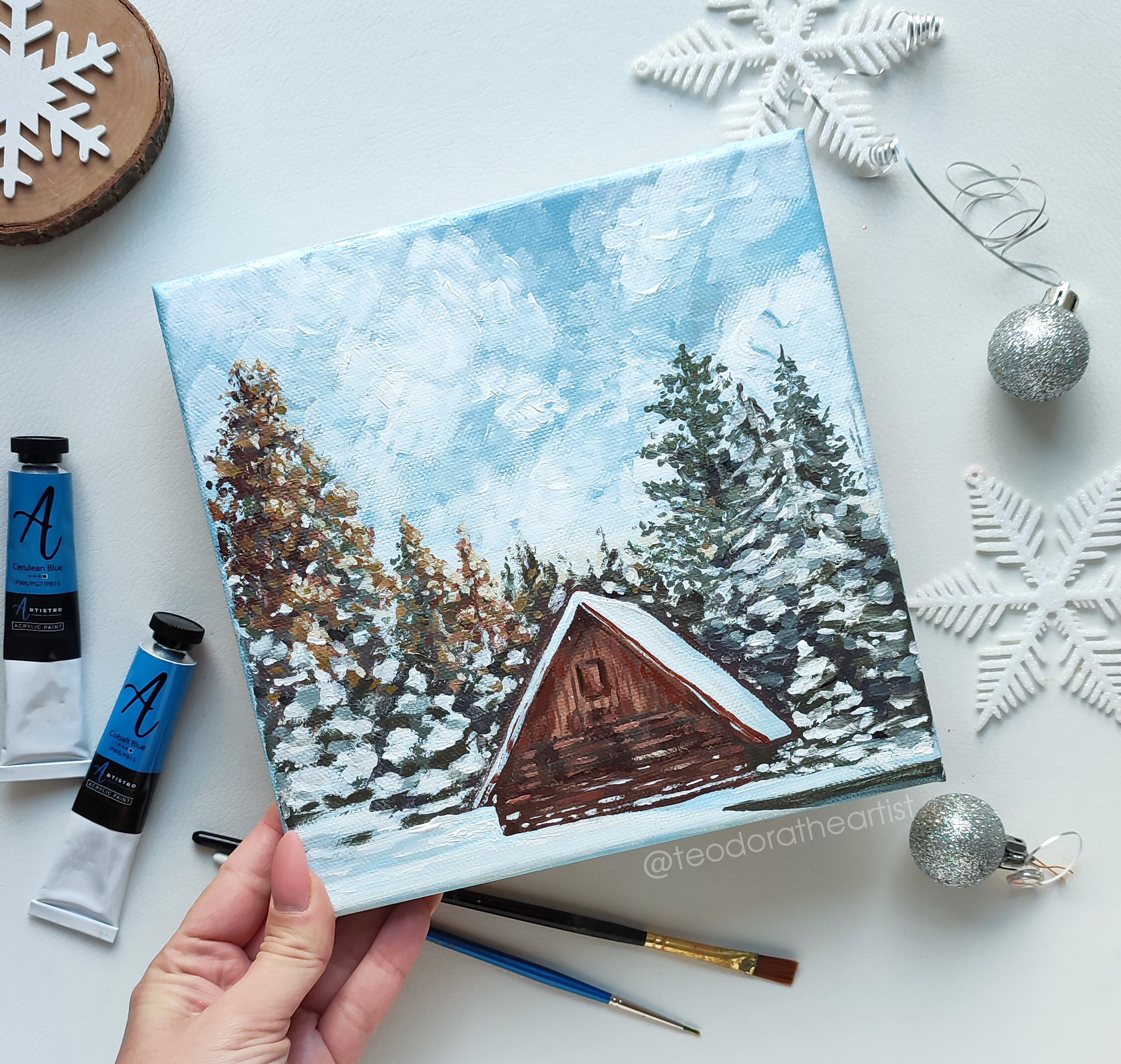 Winter Cabin Original Acrylic Painting on Small Canvas | Snowy Mountain ...