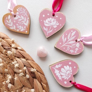 Hand Painted Heart Ornaments | Handmade Valentine&#39;s Day Hearts | Pink Floral Heart Shaped Wood Ornaments | Dainty Daisy Flower Ornaments