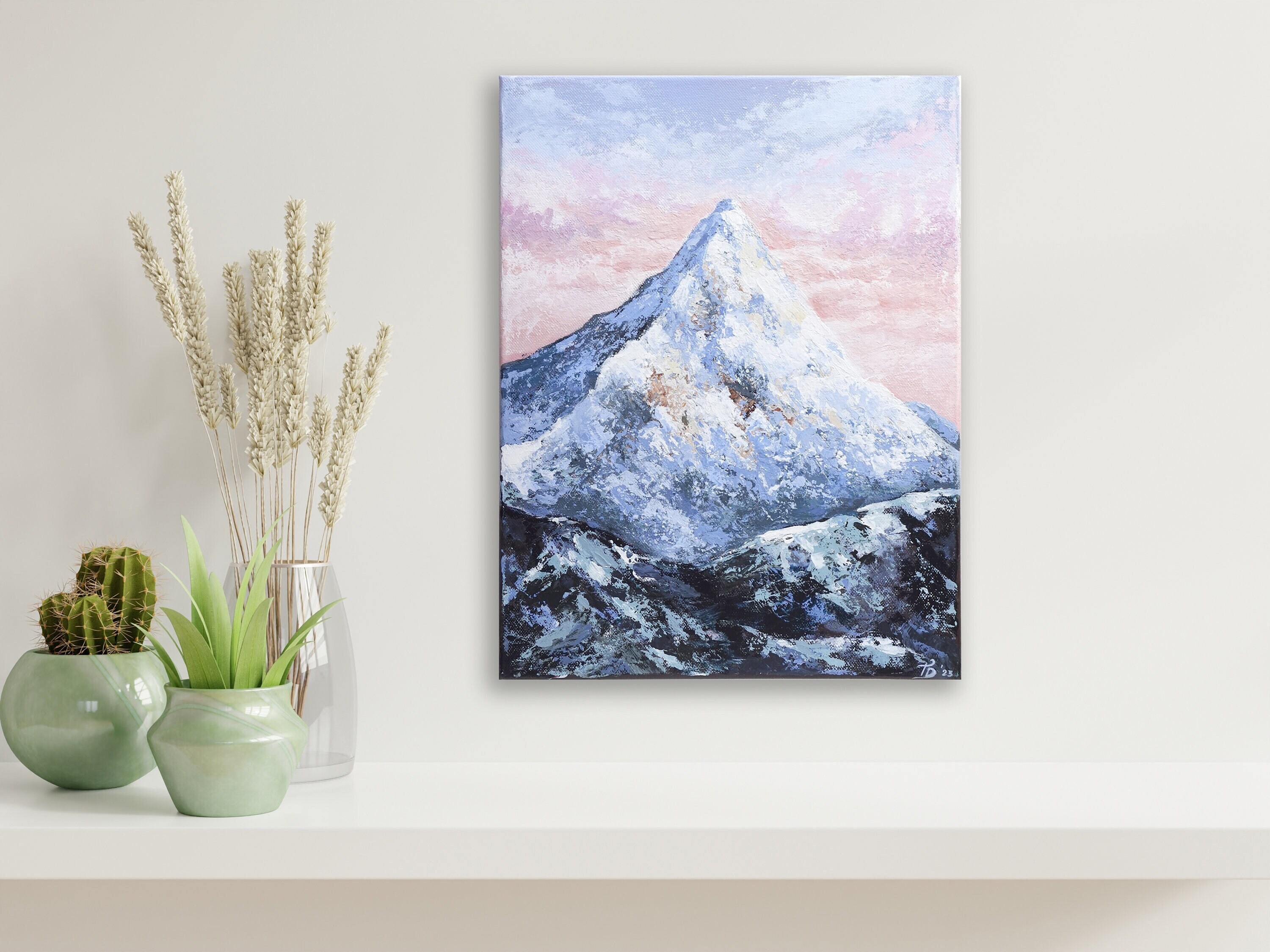 Original Acrylic Painting on Canvas | Snowy Mountain and Sunset Winter Landscape Painting | Textured Wall Art | Cabin / Ski Lodge Decor