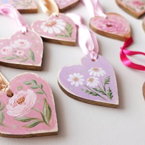 Hand Painted Heart Ornaments Valentines Day Pink Floral Heart Shaped Wood Ornaments Dainty Daisy Flower Ornaments Mini Painting image 8