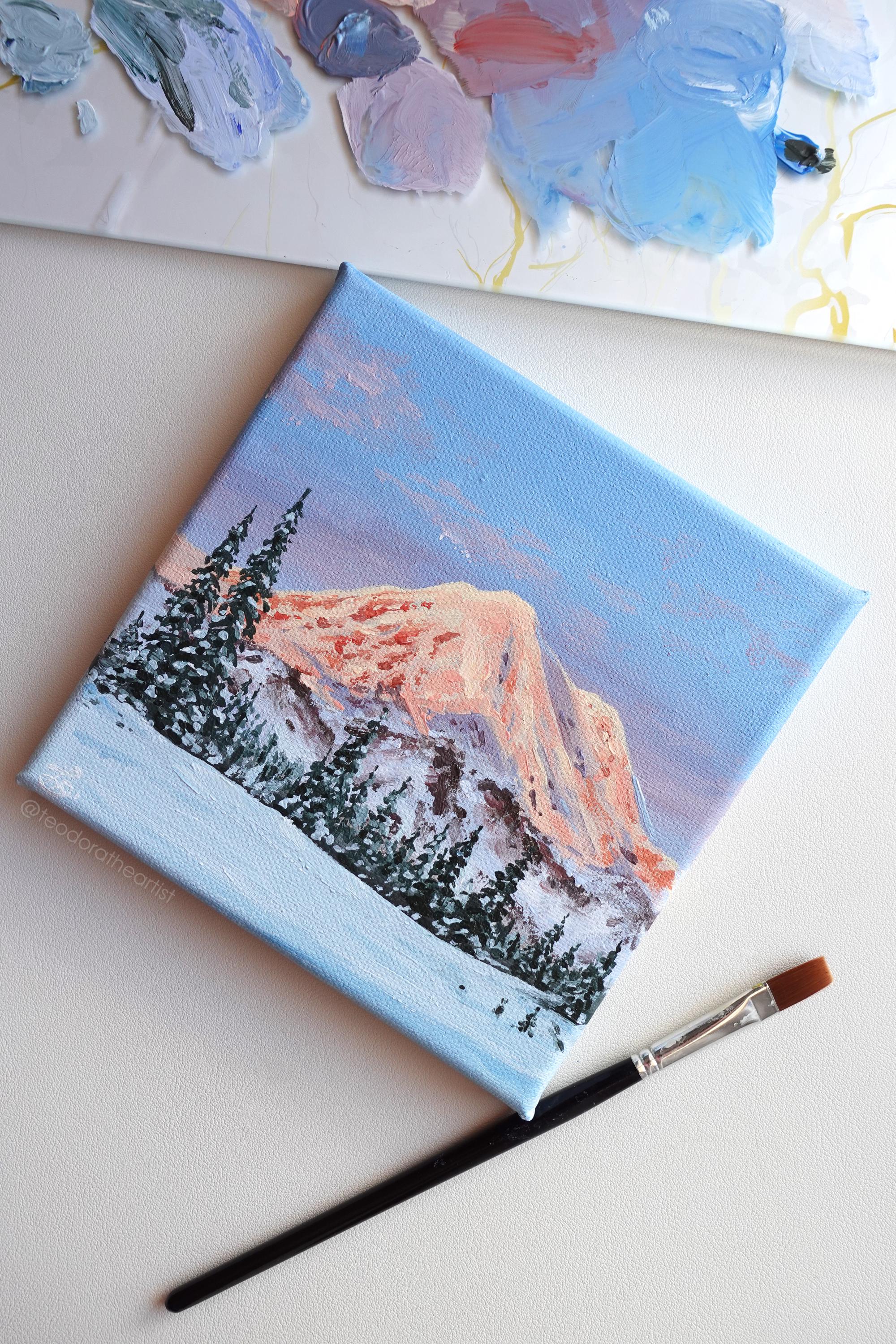 小さなキャンバスに描かれた冬の風景のオリジナルアクリル画 | 雪山と