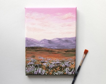 Original Acryl Landschaft Gemälde auf kleiner Leinwand- Wildblumen Wiese, Rosa Sonnenuntergang und Berge Ästhetische Wandkunst | Landschaftsmalerei