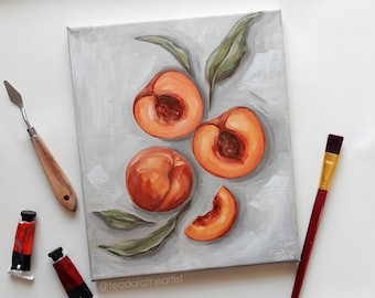 Peaches Acrylic Painting on Canvas | Kitchen Wall Art | Original Food Art | Fruit Painting Kitchen Decor | Fruit Wall Art | Farmhouse Decor