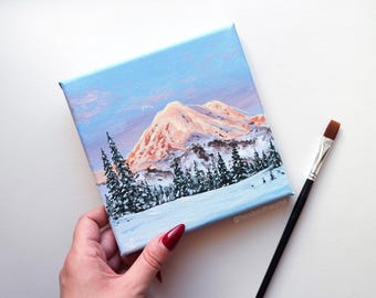 Winter Landscape Original Acrylic Painting on Small Canvas | Snowy Mountain & Pine Tree Forest | Christmas Wall Art | Winter Cabin Decor