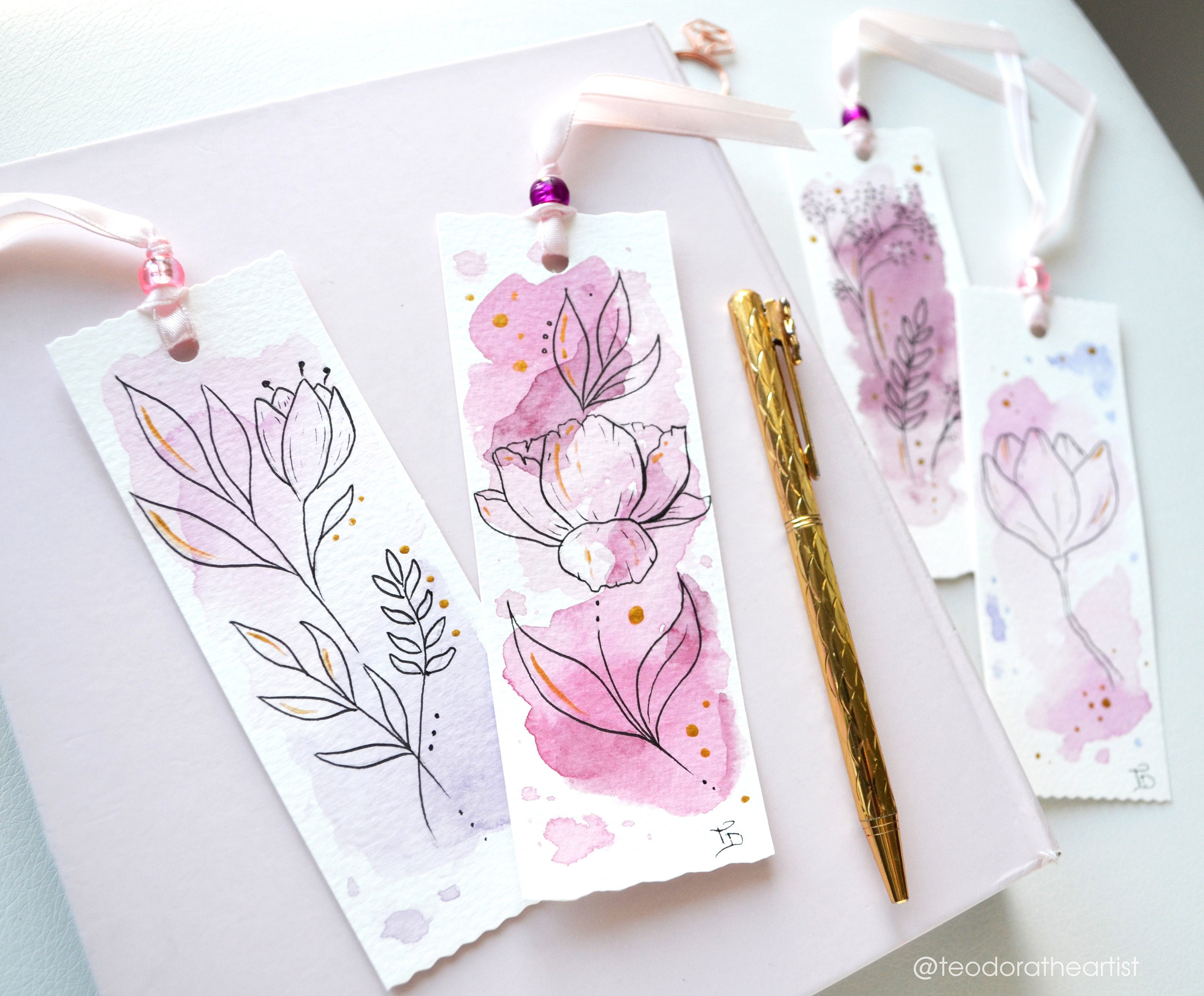 Handmade Watercolor Bookmarks With Botanical Line Art Book - Etsy
