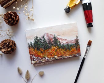 Mini Canvas Painting Autumn Landscape | Original Acrylic Art on Canvas | Pine Tree Forest and Mountain Painting