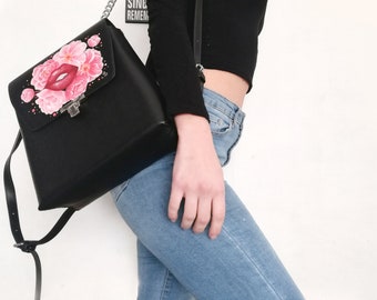 Hand Painted Black Backpack - Floral Design - Faux Leather  display picture 2