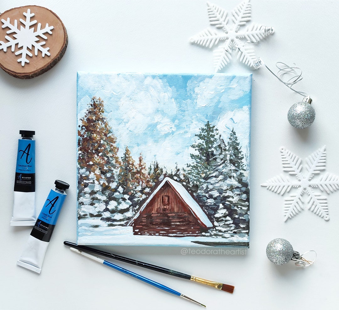 Winter Cabin Original Acrylic Painting on Small Canvas | Snowy Mountain ...