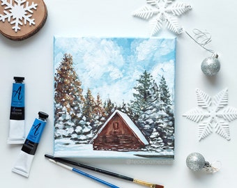 Winter Cabin Original Acrylic Painting on Small Canvas | Snowy Mountain & Pine Trees Winter Landscape | Christmas Wall Art | Cabin Decor