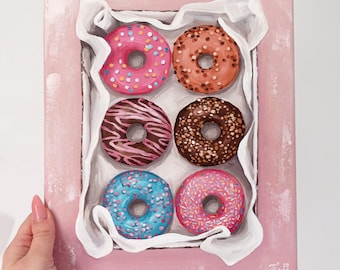 Donuts Original Painting on Canvas | Kitchen Dopamine Decor Donut Wall Art | Original Hand Painted Food Art | Cute Pink Original Artwork