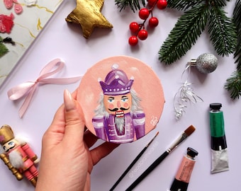 Mini Round Christmas Painting of Purple Nutcracker | Original Acrylic Painting | Cute Circular Canvas Art | Pink Christmas Wall Art