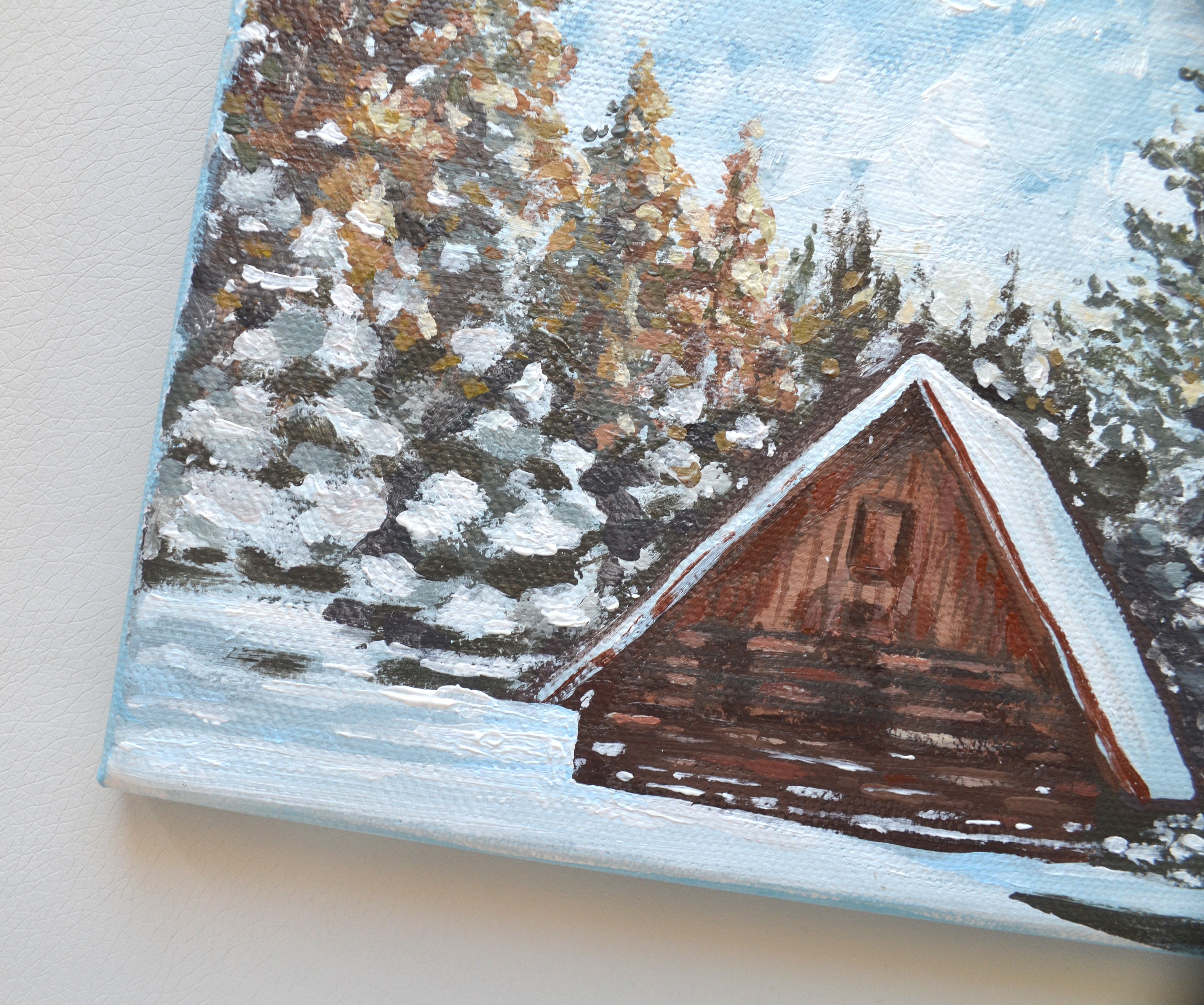 Winter Cabin Original Acrylic Painting on Small Canvas | Snowy Mountain ...
