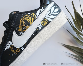 Painted Shoes - Nike Shoes - Hand Painted Gold Peonies - Aesthetic Shoes- Painted Sneakers - Wedding Shoes/ Bridesmaid Gift / Gift for Her-8