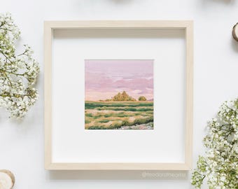 Original Pink Landscape Painting Countryside on Small Canvas Board 5x5 in | Mini Landscape Wall Art | Dreamy Pink Sunset and Nature Artwork