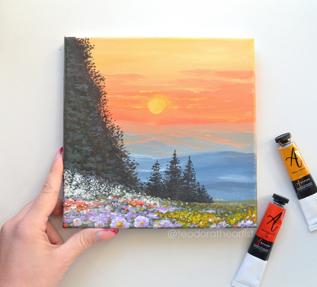 Original Acrylic Painting on Small Canvas Colorful Landscape Wall Art  Sunset Mountain, Pine Trees, Spring Flowers Aesthetic Room Decor -   Hong