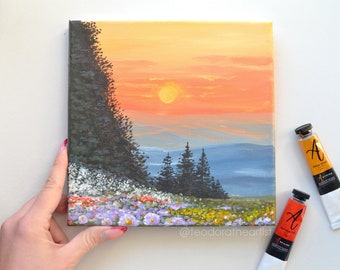 Original Acrylic Painting on Small Canvas | Colorful Landscape Wall Art Sunset Mountain, Pine Trees, Spring Flowers | Aesthetic Room Decor