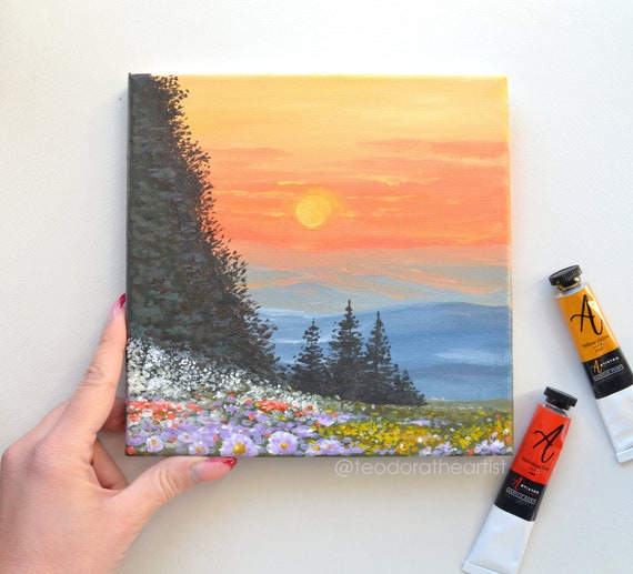 Pintura acrílica original en lienzo pequeño / Paisaje colorido Arte de  pared Sunset Mountain, pinos, flores de primavera / Decoración estética de  la habitación -  México
