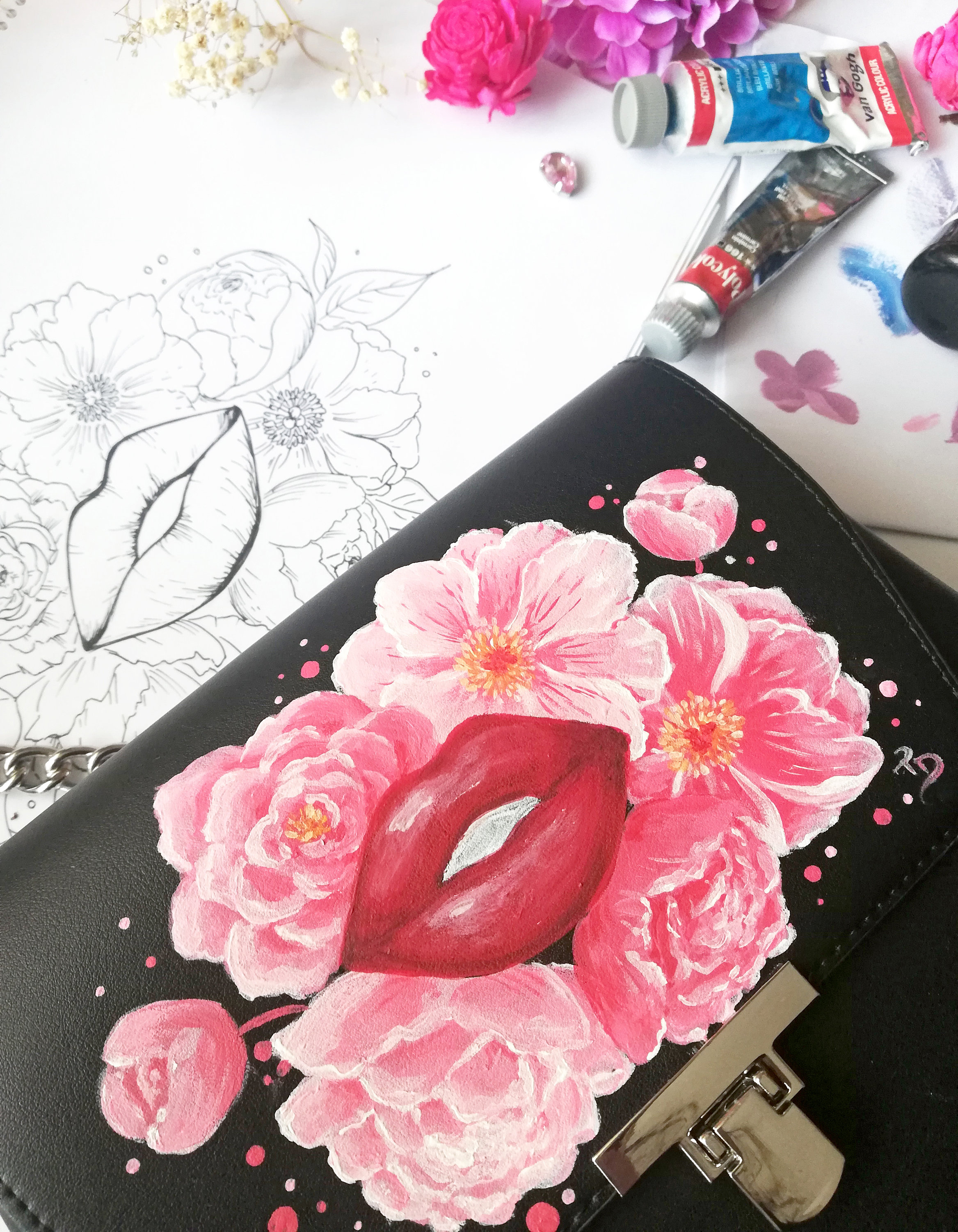 9617 Leather Backpack Hand Painted Purse Retro Handmade College Knapsack Hand Painted Black Backpack - Floral Design - Faux Leather  main image 2