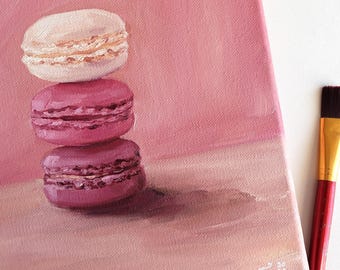 Macarons Original Oil Painting on Canvas | Kitchen Dopamine Decor Wall Art | Hand Painted Pink Macaron Food Art | Cute Original Artwork